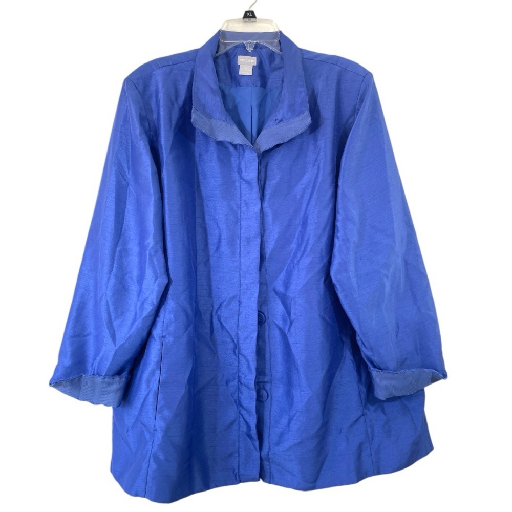 Chicos Satin Jacket Blue 3/4 Flip Sleeve Lined Boho Coastal Chic Glam size 4
